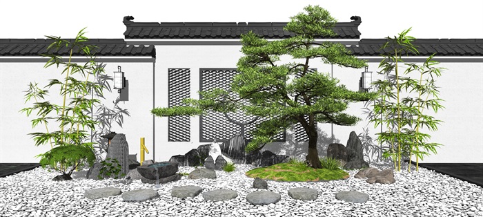 新中式景观小品庭院景观枯山水景墙片石假山石头su模型 原创