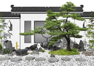 新中式景观小品庭院景观枯山水景墙片石假山石头SU(草图大师)模型