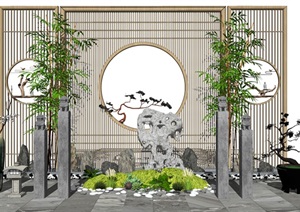 新中式景观小品庭院景观屏风隔断石头太湖石盆栽SU(草图大师)模型