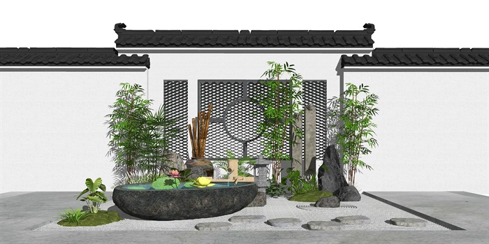 新中式景观小品庭院景观景墙水景枯山水SU模型(1)