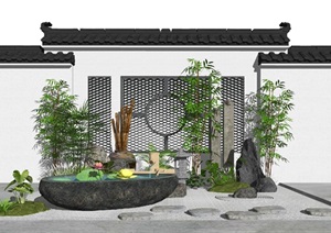 新中式景观小品庭院景观景墙水景枯山水SU(草图大师)模型