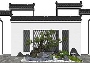新中式景观小品庭院景观景墙石头松树SU(草图大师)模型