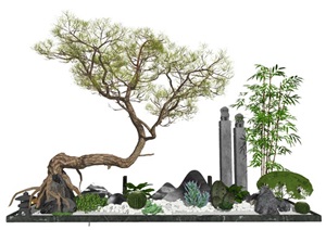 新中式景观小品庭院景观枯山水松树石头SU(草图大师)模型3