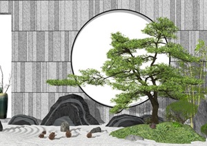 新中式景观小品庭院景观景墙枯山石松树SU(草图大师)模型