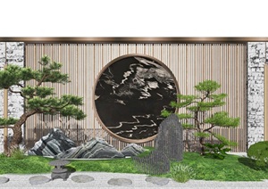 新中式庭院景观 景观小品 隔断 景墙 树 石头SU(草图大师)模型2