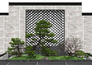 新中式庭院景观 景观小品 隔断 景墙 树 石头SU(草图大师)模型5
