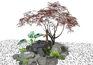 新中式庭院景观 景观小品 滨水景观 树 石头SU(草图大师)模型