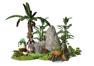 现代景观小品庭院景观石头盆栽植物SU(草图大师)模型