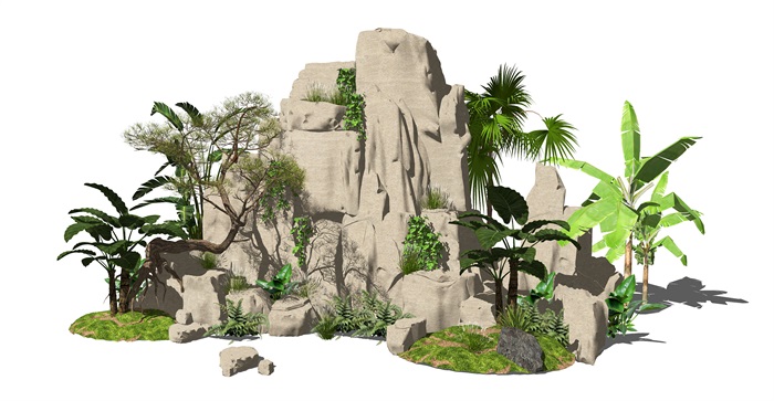 新中式假山叠石松树石头植物SU模型(1)
