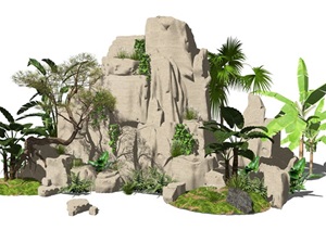 新中式假山叠石松树石头植物SU(草图大师)模型