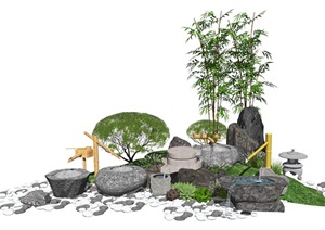 新中式景观小品庭院景观跌水景观水景石头SU(草图大师)模型