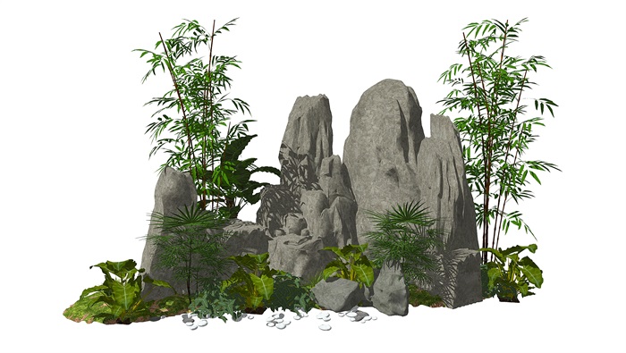 新中式假山叠石景观小品石头植物SU模型(1)