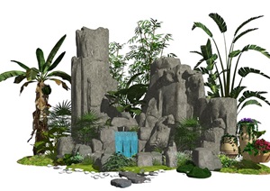 新中式景观小品假山叠石跌水景观水景石头芭蕉植物SU(草图大师)模型