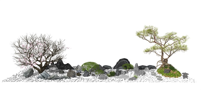 新中式景观小品片石假山石头枯山水 景观树SU模型(2)