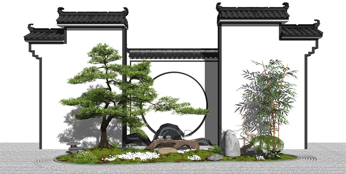 新中式 庭院景观 景观小品 景观树 枯山水 景墙su模型 - 副本(1)