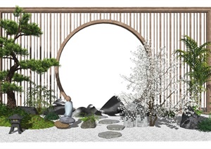 新中式 庭院景观 景观小品 乔木 植物 枯山水石头SU(草图大师)模型