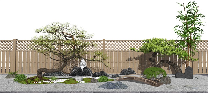 新中式庭院景观 景观小品 隔断 景墙 树 石头su模型(3)