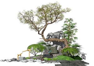 新中式景观小品庭院景观跌水景观水景松树石头SU(草图大师)模型1
