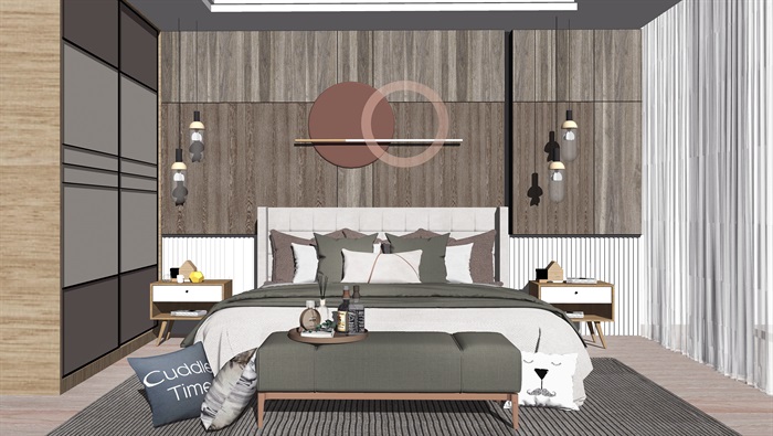 现代卧室双人床床头柜衣柜抱枕装饰摆件SU模型(2)