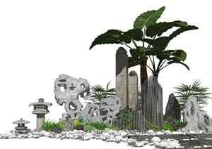 新中式景观小品庭院景观石头假山植物石灯SU(草图大师)模型
