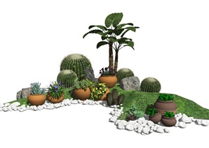 现代盆栽陶罐植物绿植仙人球SU(草图大师)模型