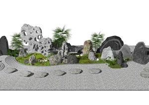 新中式假山石头枯山水太湖石片石假山SU(草图大师)模型