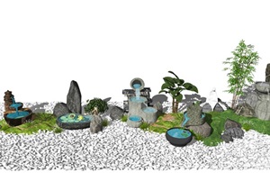 新中式景观小品跌水景观庭院景观枯山水石头水景SU(草图大师)模型