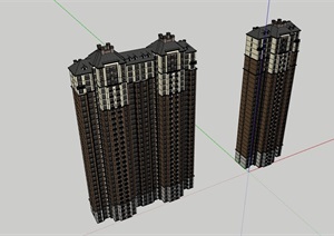 详细的两栋欧式风格高层居住楼SU(草图大师)模型