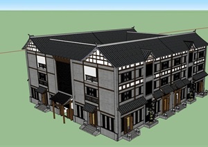 详细的中式风格住宅小区楼SU(草图大师)模型