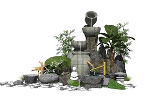新中式假山叠石景观小品跌水景观石头水景SU(草图大师)模型