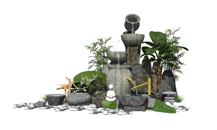 新中式假山叠石景观小品跌水景观石头水景SU模型(1)