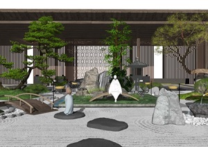 新中式景观小品庭院景观枯山水茶室石头SU(草图大师)模型