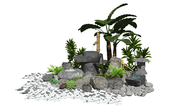新中式景观小品庭院景观跌水景观石头水景SU模型(1)