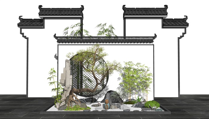 新中式景观小品庭院景观景墙水景松树石头SU模型(1)