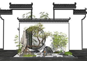 新中式景观小品庭院景观景墙水景松树石头SU(草图大师)模型