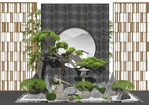 新中式景观小品庭院景观石头假山景墙隔断松树SU(草图大师)模型