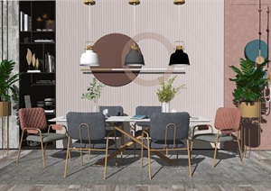 现代餐座椅组合背景墙摆件盆栽花瓶SU(草图大师)模型