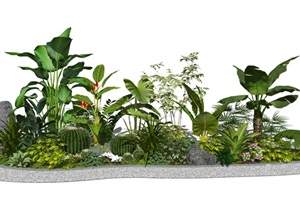 新中式景观小品植物盆栽绿植石头SU(草图大师)模型