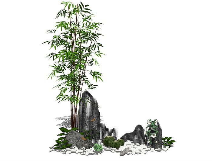 新中式景观小品 石头 植物 多肉 鹅卵石组合su模型(3)