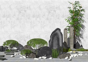 新中式庭院景观 景观小品 石头 植物SU(草图大师)模型