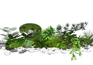 新中式景观小品 植物 草坪 鹅卵石 绿植SU(草图大师)模型