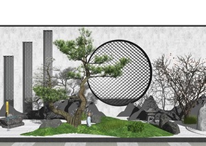 新中式庭院景观 景观小品 禅意景观 乔木 景观树 枯枝 石头 景墙石头SU(草图大师)模型