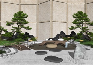 新中式庭院景观 景观小品 禅意景观 景观树 石头 枯山水 茶几 植物SU(草图大师)模型