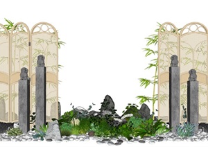 新中式禅意隔断 景观小品 庭院景观 石头植物SU(草图大师)模型