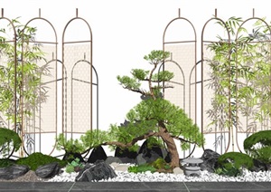 新中式庭院景观 景观小品 植物 石头树 隔断SU(草图大师)模型