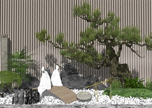 新中式庭院景观 景观小品 植物 石头树 景墙SU(草图大师)模型