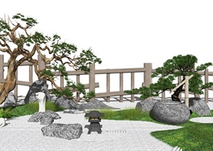 新中式庭院景观 景观小品 植物 石头 树 栏杆 枯山水SU(草图大师)模型