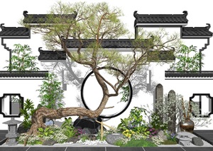 新中式禅意景观小品庭院景观树景墙枯山水绿植盆栽花卉石头SU(草图大师)模型