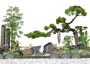新中式景观小品庭院景观枯山水松树景观植物石头水景SU(草图大师)模型
