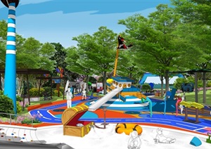 现代儿童乐园游乐设施沙池组合滑梯植物SU(草图大师)模型